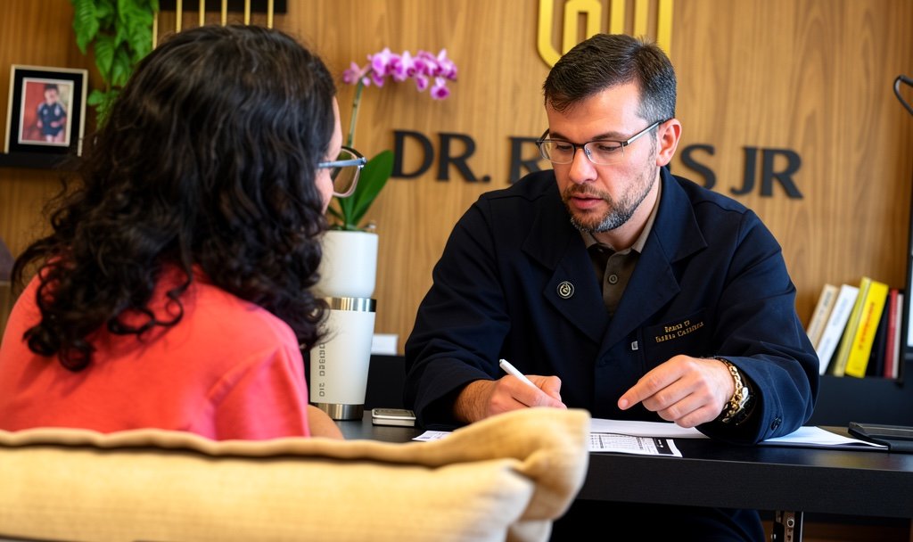 Dr. Reges Jr. em consulta, orientando uma paciente em seu consultório